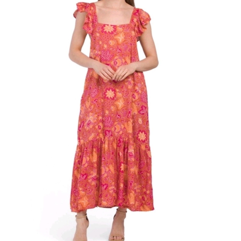 House of Harlow 1960 Maxi Dress Pink Orange Floral Ruffle Sleeve M Bohemian - Picture 13 of 13